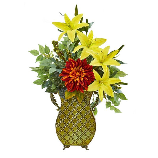 25" Dahlia, Lily and Ficus Artificial Plant in Metal Planter