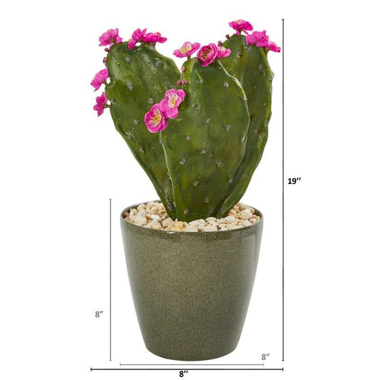 19" Flowering Cactus Artificial Plant in Green Planter