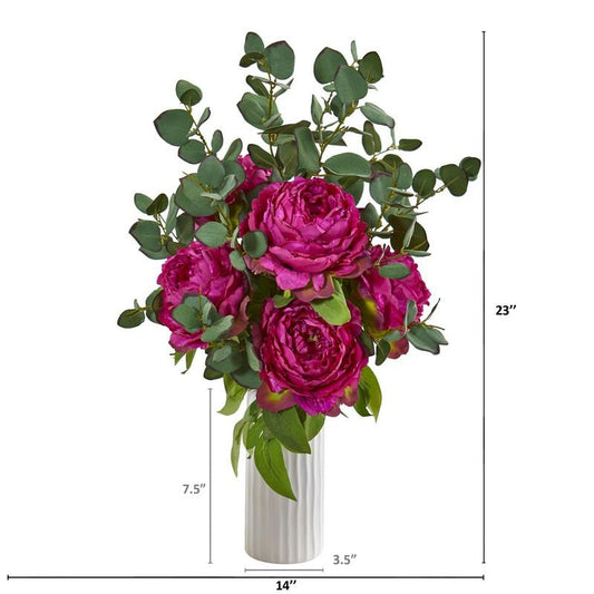 Peony and Eucalyptus Artificial Arrangement in White Vase
