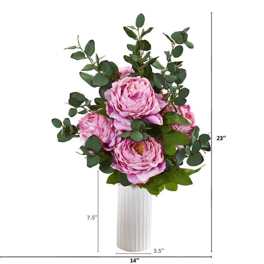 Peony and Eucalyptus Artificial Arrangement in White Vase