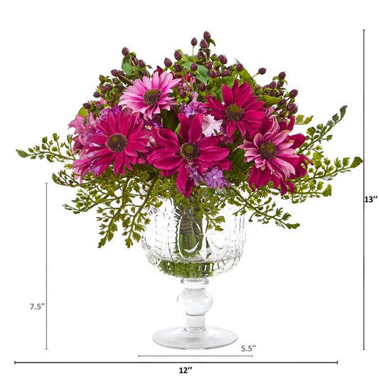 Mixed Daisy Artificial Arrangement in Royal Glass Urn
