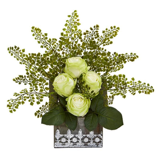 13" Rose and Maiden Hair Artificial Arrangement in Hanging Floral Design House Planter