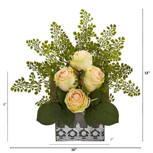 13" Rose and Maiden Hair Artificial Arrangement in Hanging Floral Design House Planter