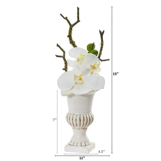 15" Phalaenopsis Orchid Artificial Arrangement in White Urn (Set of 2)