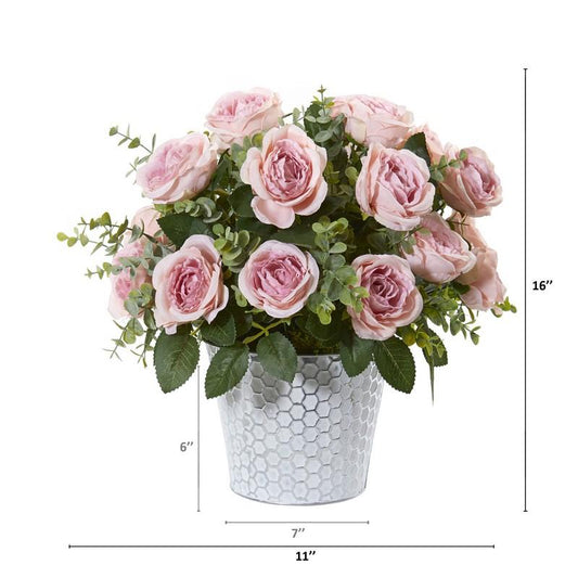 16" Rose and Eucalyptus Artificial Arrangement in Tin Vase