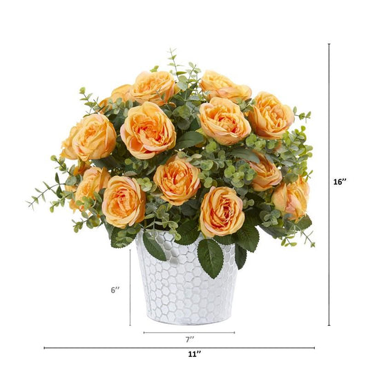 16" Rose and Eucalyptus Artificial Arrangement in Tin Vase