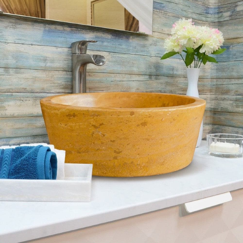 Oasis Gold Travertine Natural Stone Vessel Sink 16 Inch Round