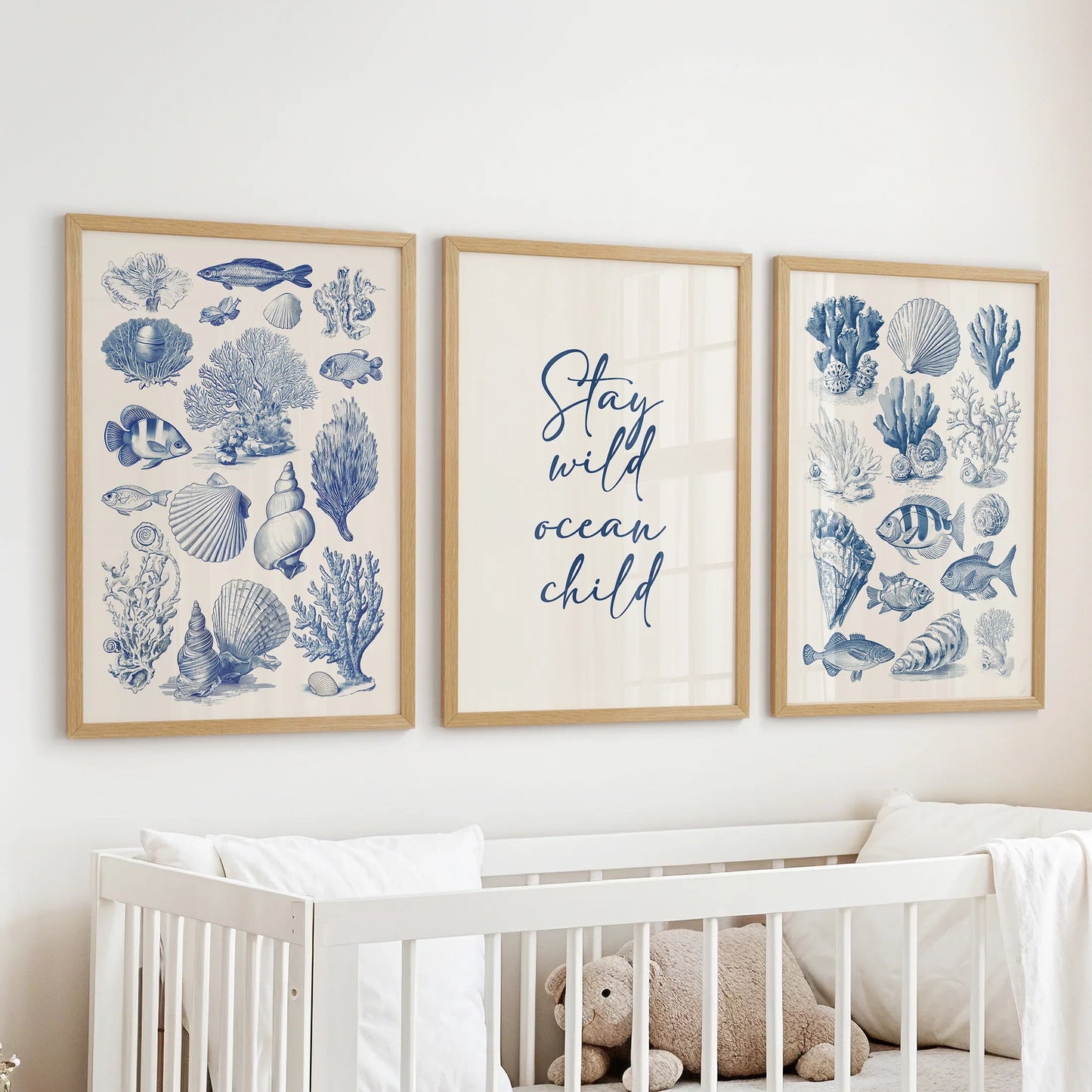Coastal Sea Life Prints. Blue Sea Shells and Fish Print Set