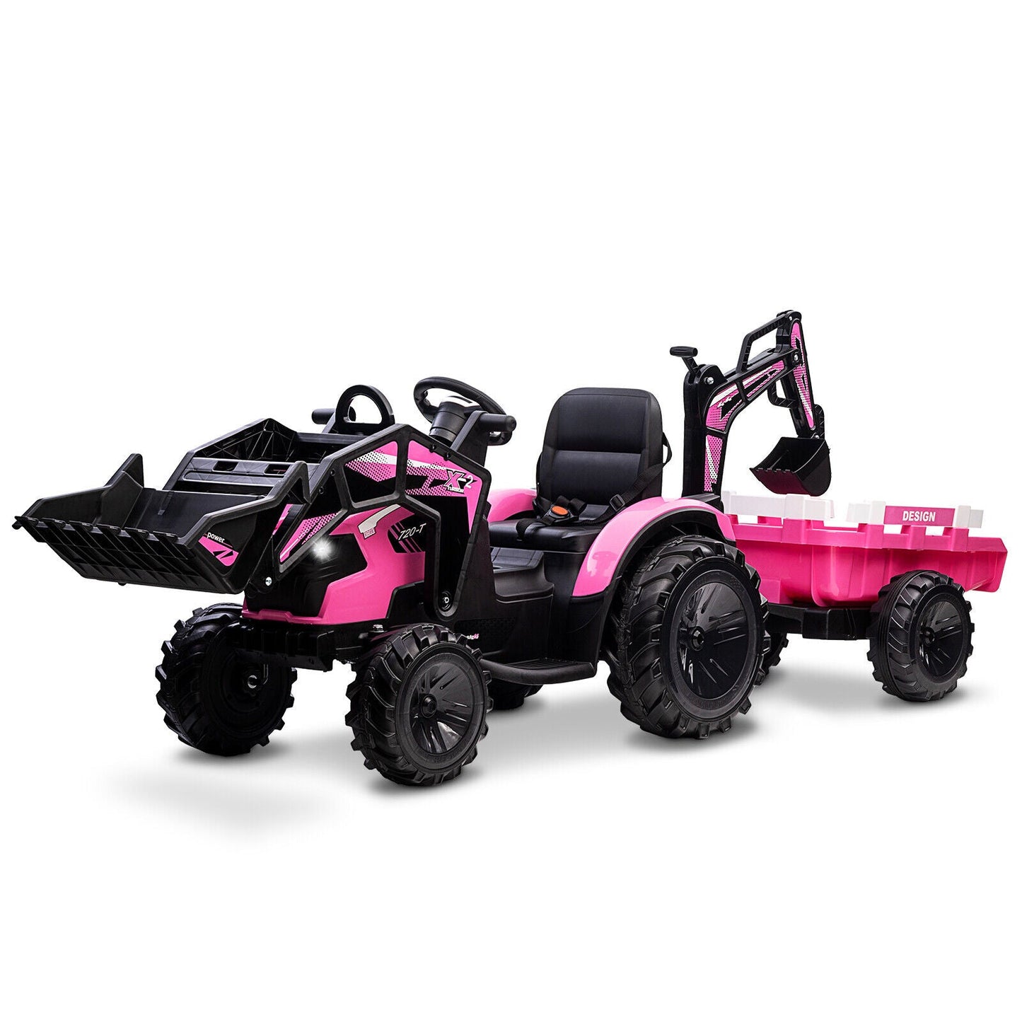 12V Kids Tractor Ride On Toy Car with Trailer, Music, and LED Lights - Perfect Gift for Toddlers