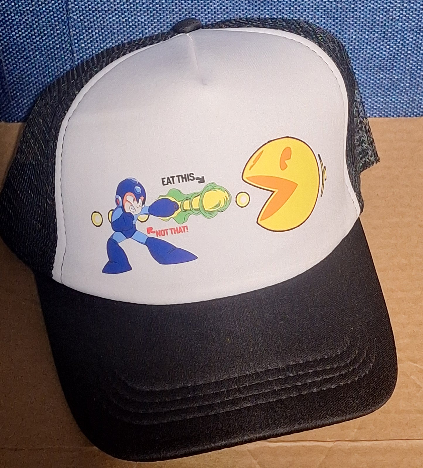 Adjustable Trucker Baseball Hat Cap Megaman vs Pac Eat This Not That