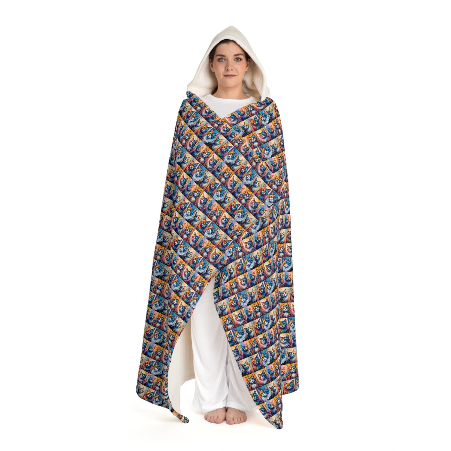 Painted Kitties Hooded Sherpa Blanket | Colorful Cat Wearable Blanket