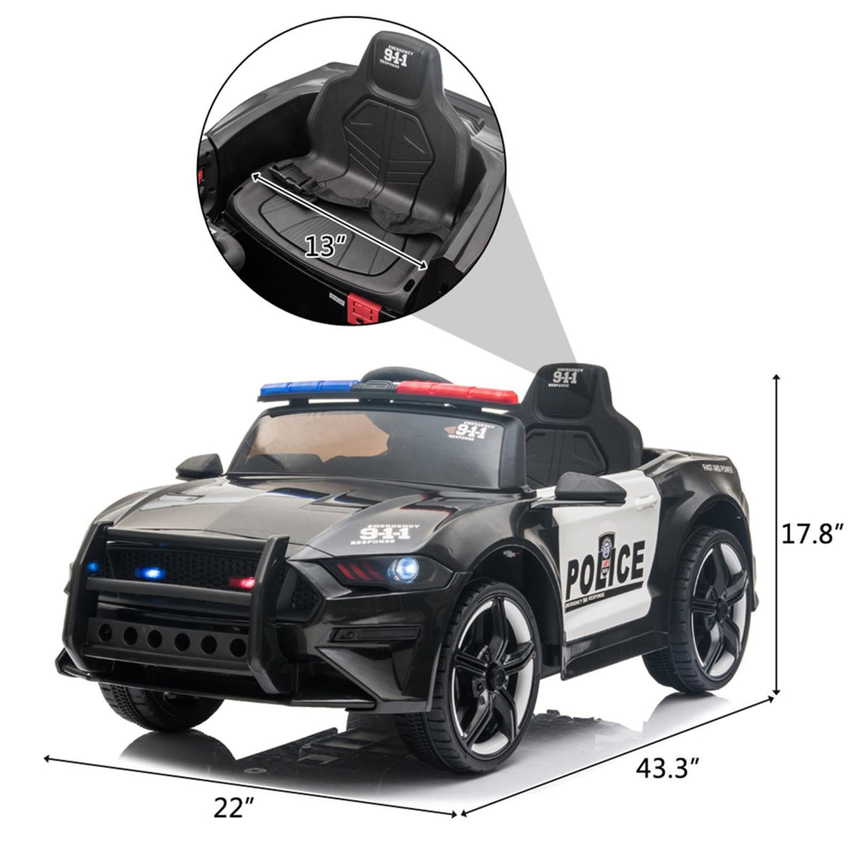 Police Sports Car 12V Ride On Toy with Remote Control and LED Lights - Perfect XMAS Gift for Kids