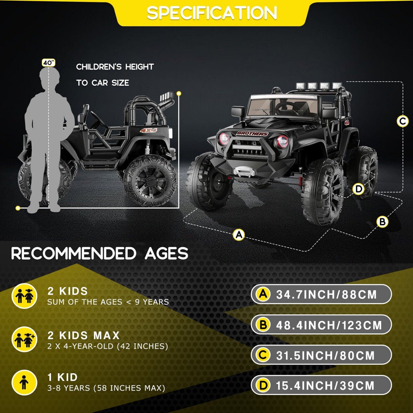 Powerful 24V 2-Seater Kids Ride on Truck with 3 Speeds, LED Light, and Remote Control
