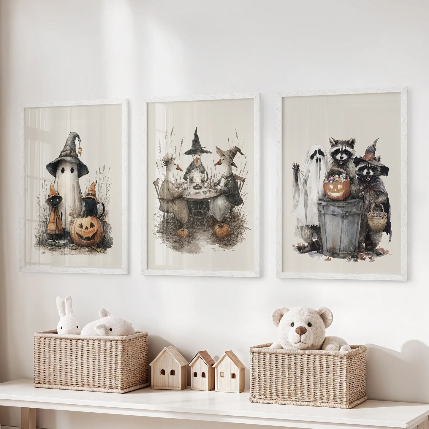 Halloween Set of 3 Wall Art. Ghost, Witch, Animals, Pumpkins