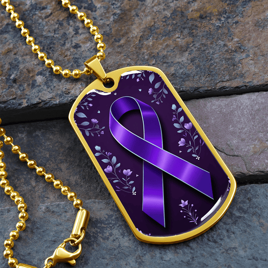 Purple Ribbon on Flowery Background Necklace
