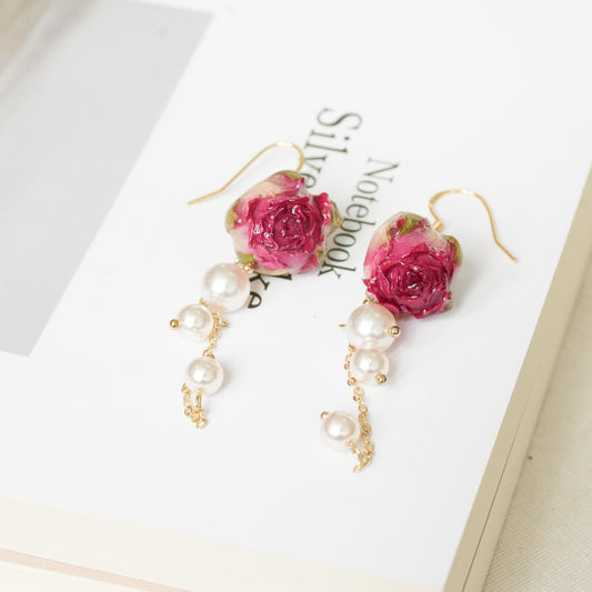 Real Rose Pearl Chain Earrings