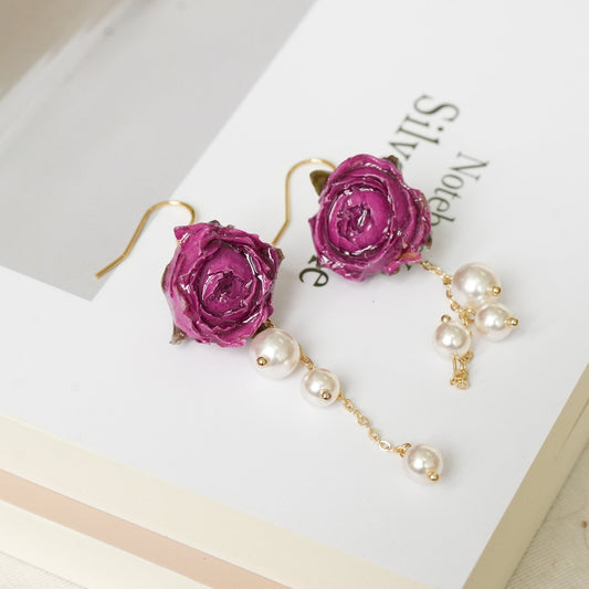 Real Rose Pearl Chain Earrings