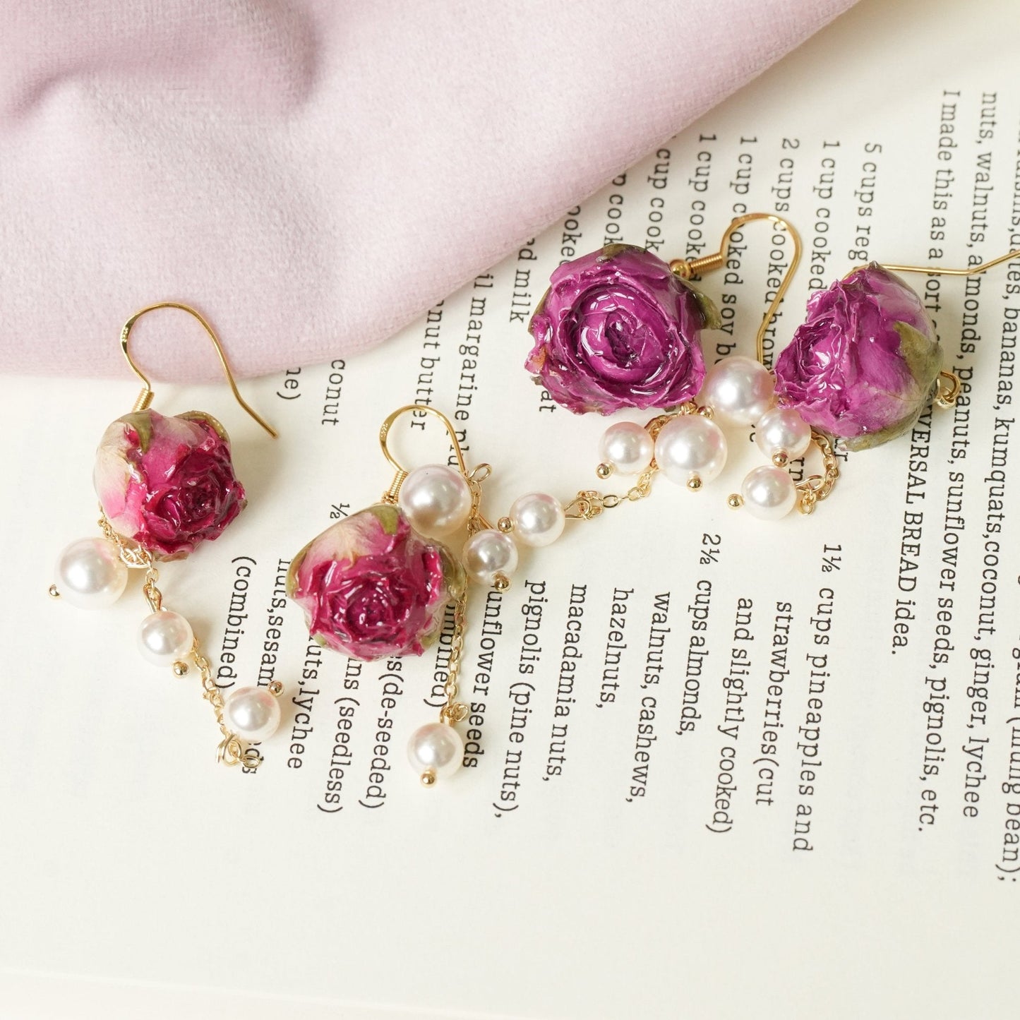 Real Rose Pearl Chain Earrings