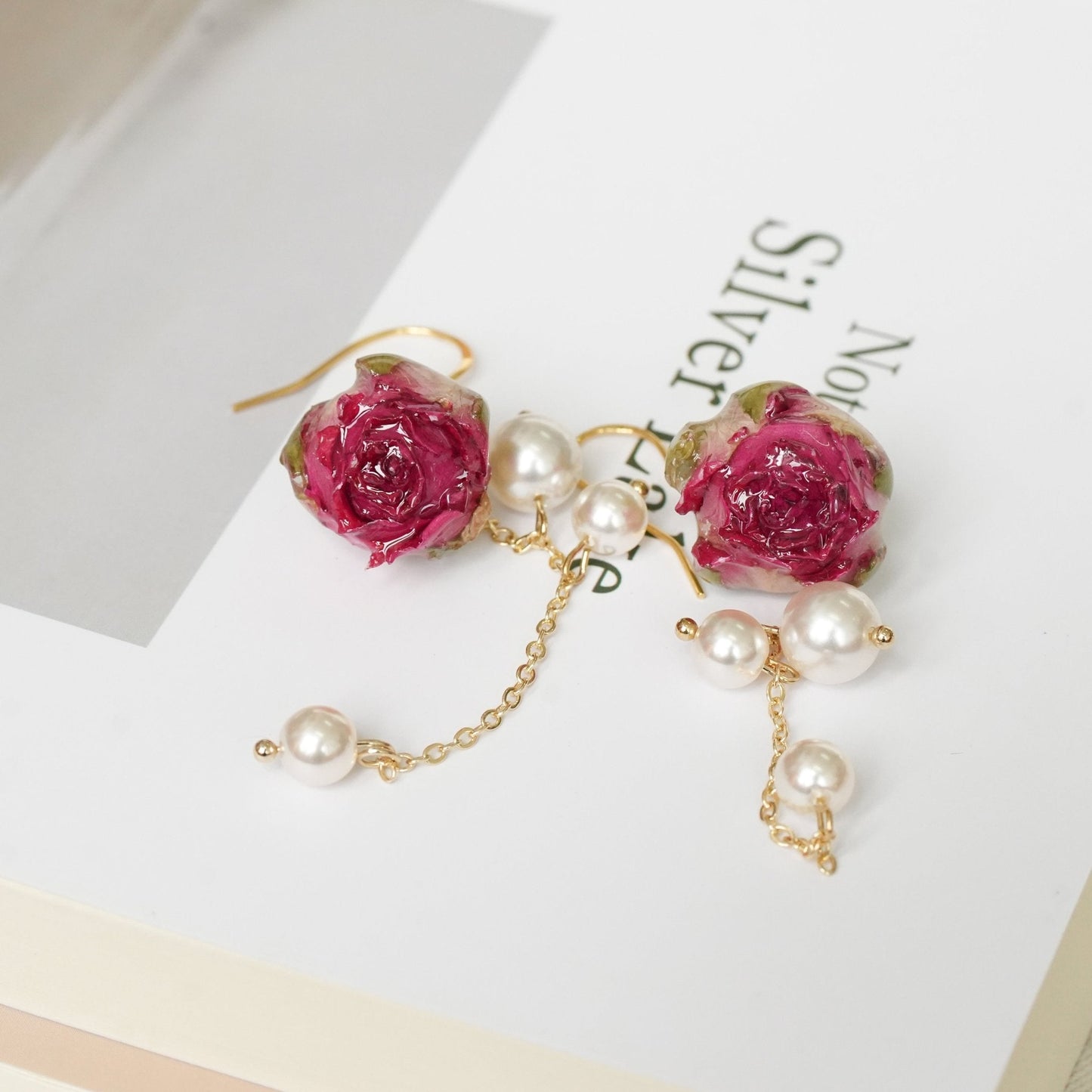 Real Rose Pearl Chain Earrings