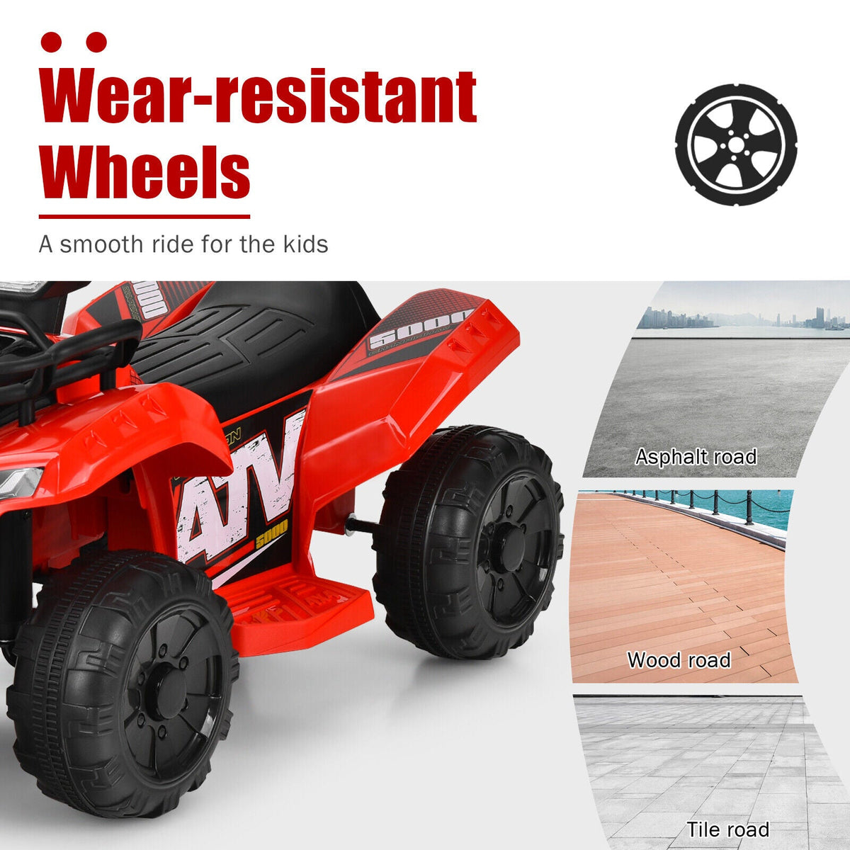 Red 6V ATV Quad Electric Ride On Car Toy for Toddlers with LED Light and MP3 Player