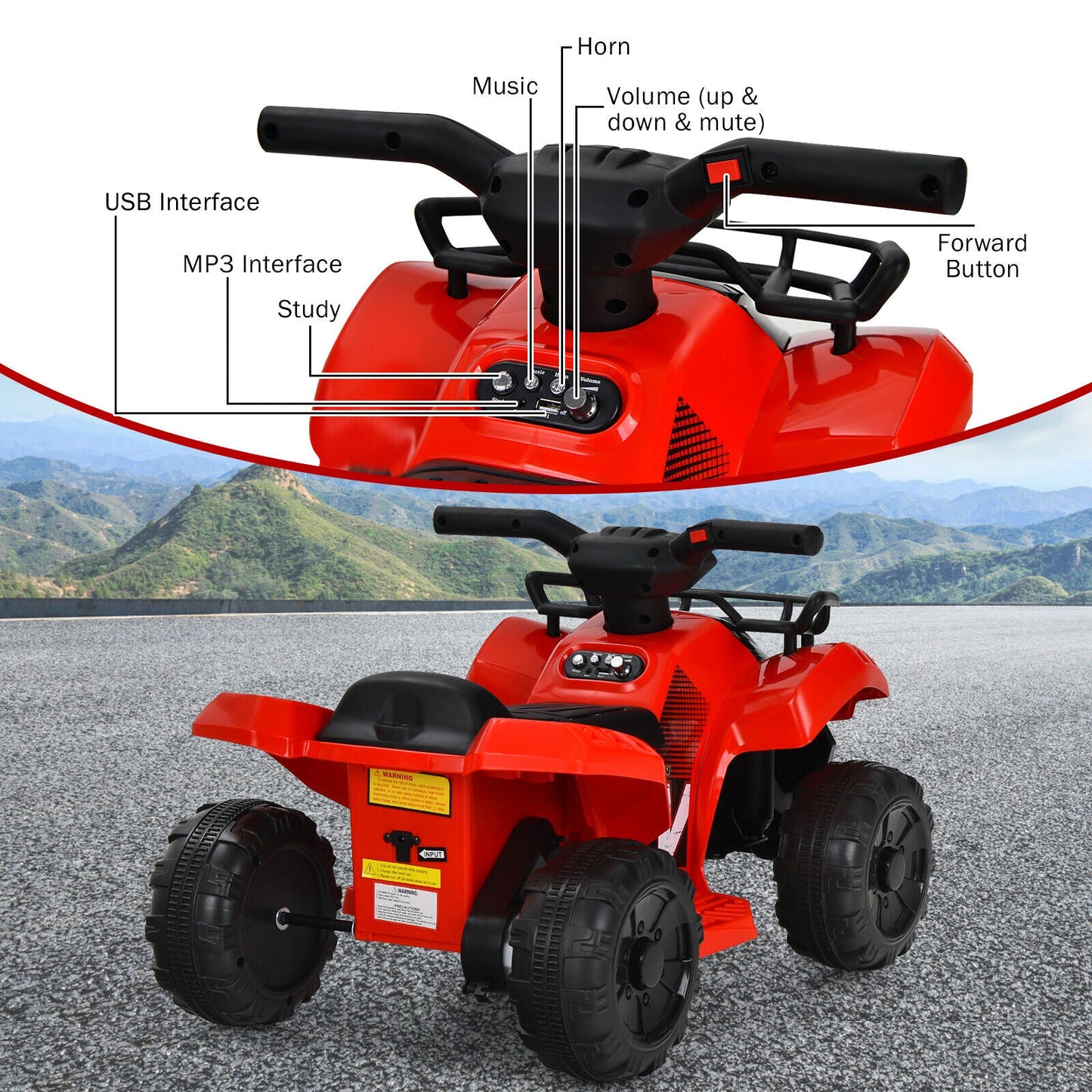 Red 6V Kids ATV Quad Electric Ride On Car with MP3 Player and LED Lights for Toddlers