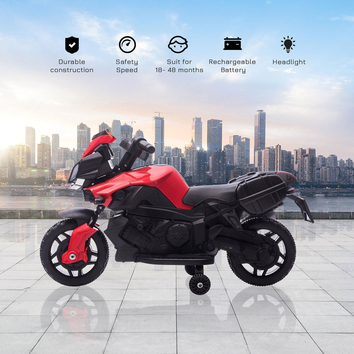 Red Electric Ride-On Motorcycle for Kids with Headlights and Training Wheels