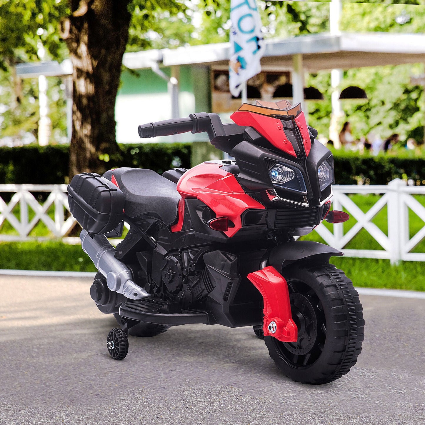 Red Electric Ride-On Motorcycle for Kids with Headlights and Training Wheels