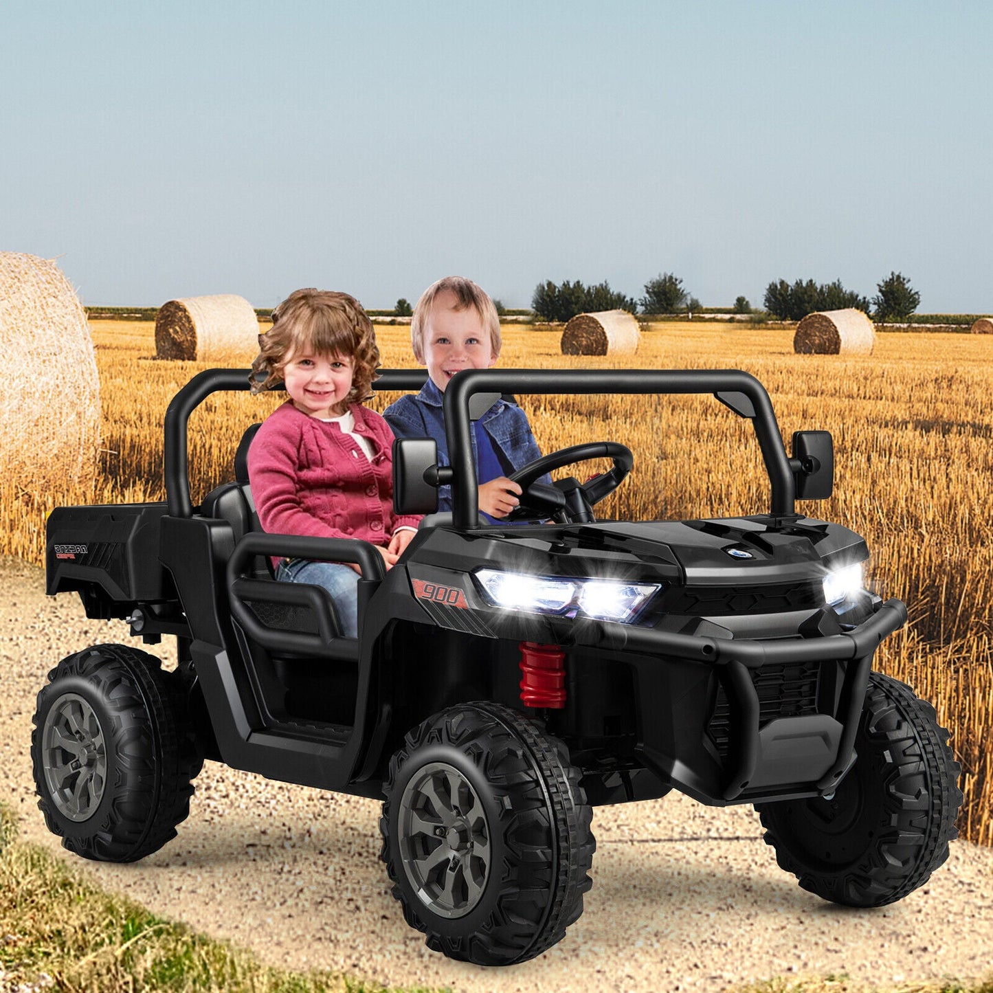 Remote Control Dump Truck with LED Headlights and Rear View Mirrors - 12V Ride-On Toy