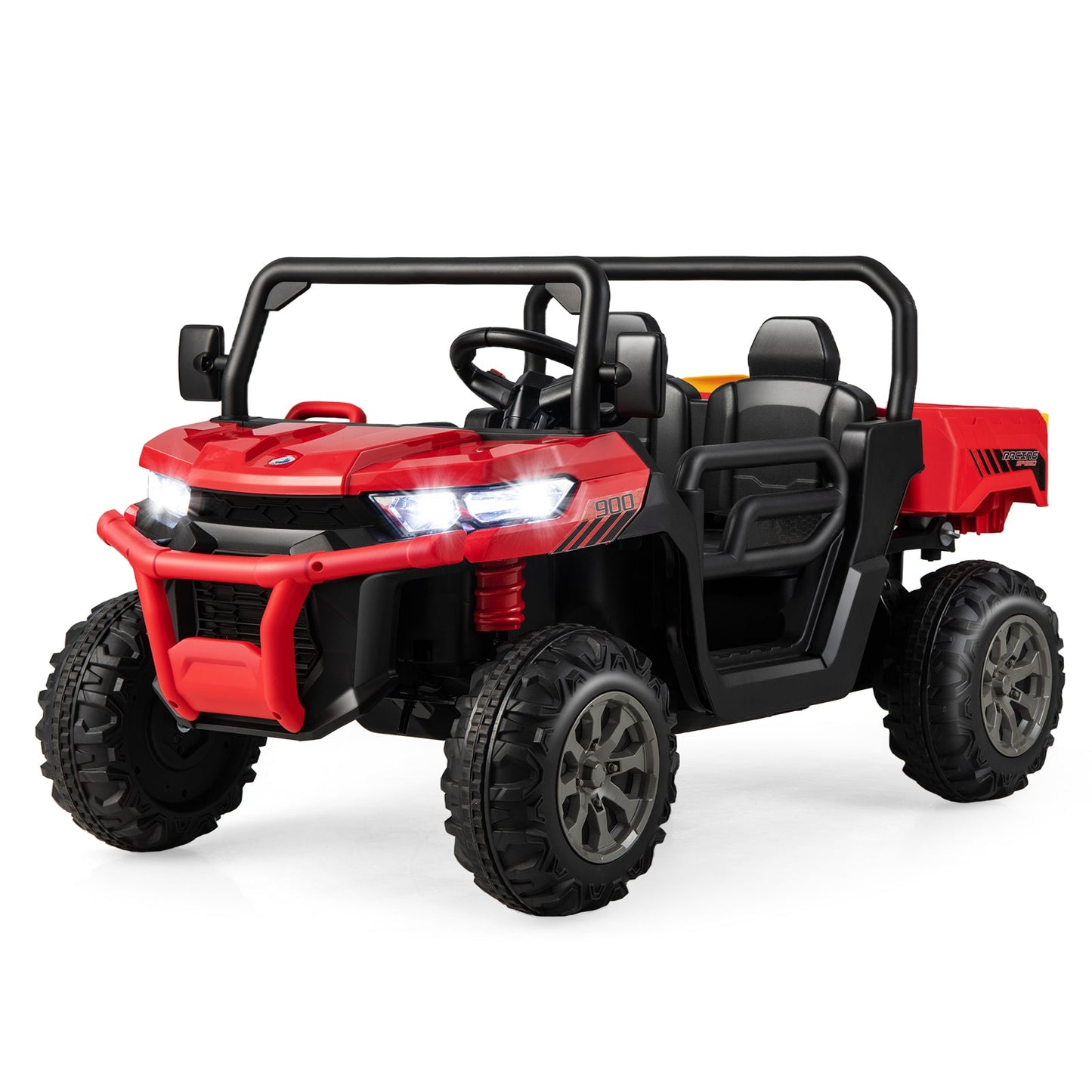 Remote Control Dump Truck with LED Headlights and Rear View Mirrors - 12V Ride-On Toy