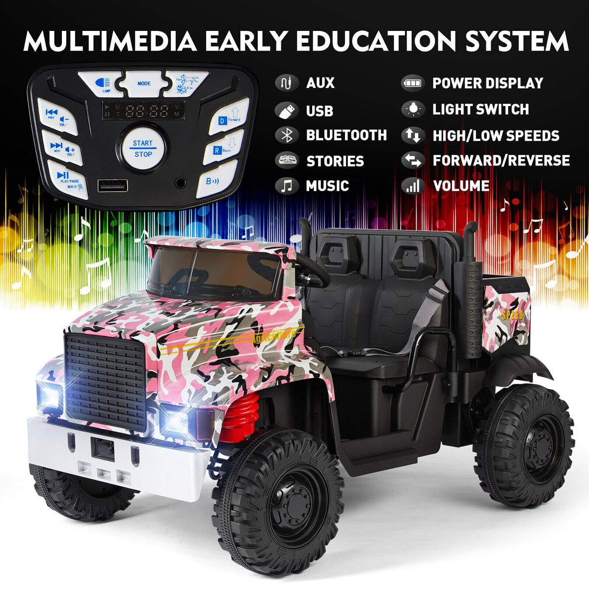 Camo Pink Ride-On Tractor with Trailer, Dump Bed, RC Control, and Bluetooth - 3 Speed Options