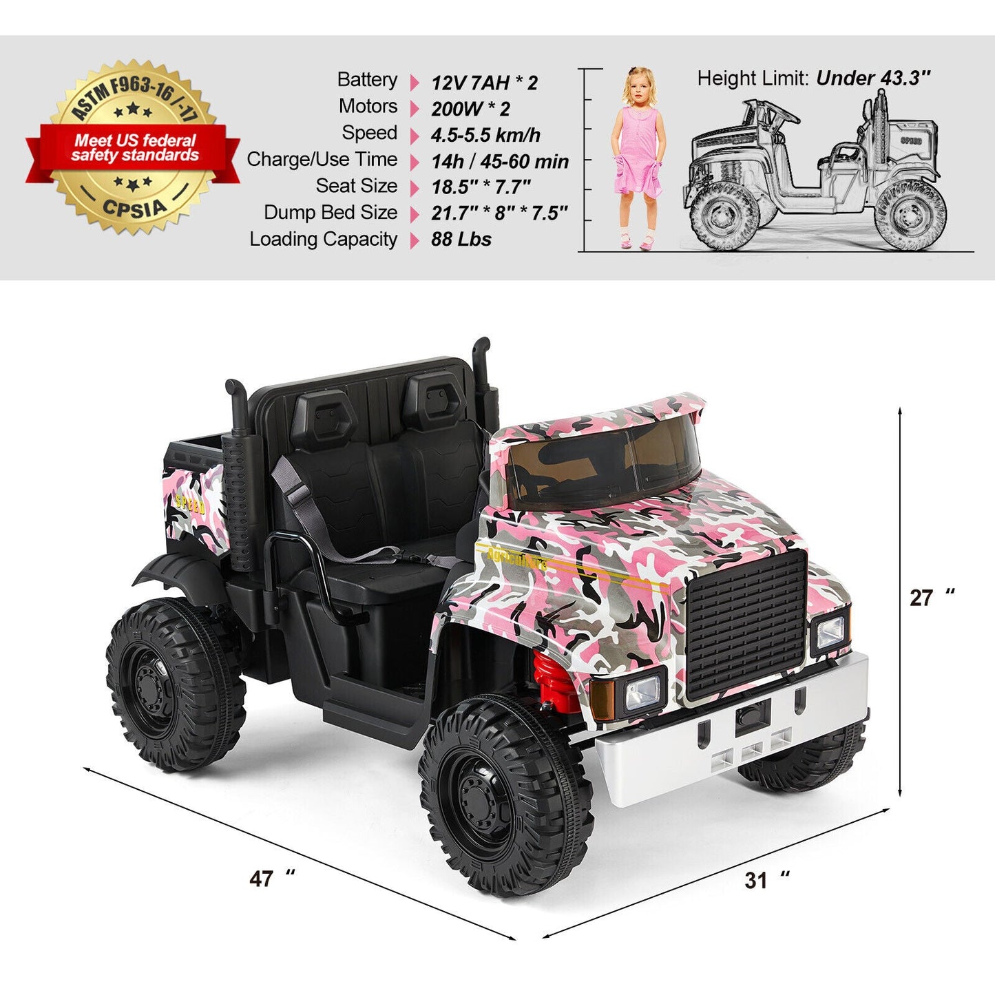 Camo Pink Ride-On Tractor with Trailer, Dump Bed, Bluetooth, and Remote Control - 3 Speed Options