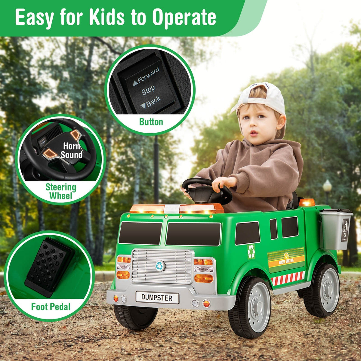 Remote Control Ride-On Garbage Truck with Trash Bin, Shovel, Lights, and Sound Effects