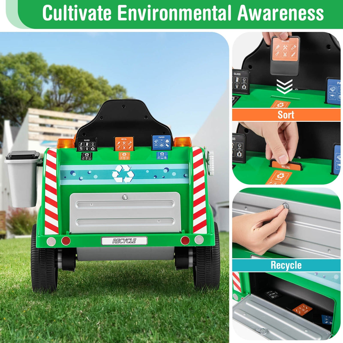 Remote Control Ride-On Garbage Truck with Trash Bin, Shovel, Lights, and Sound Effects