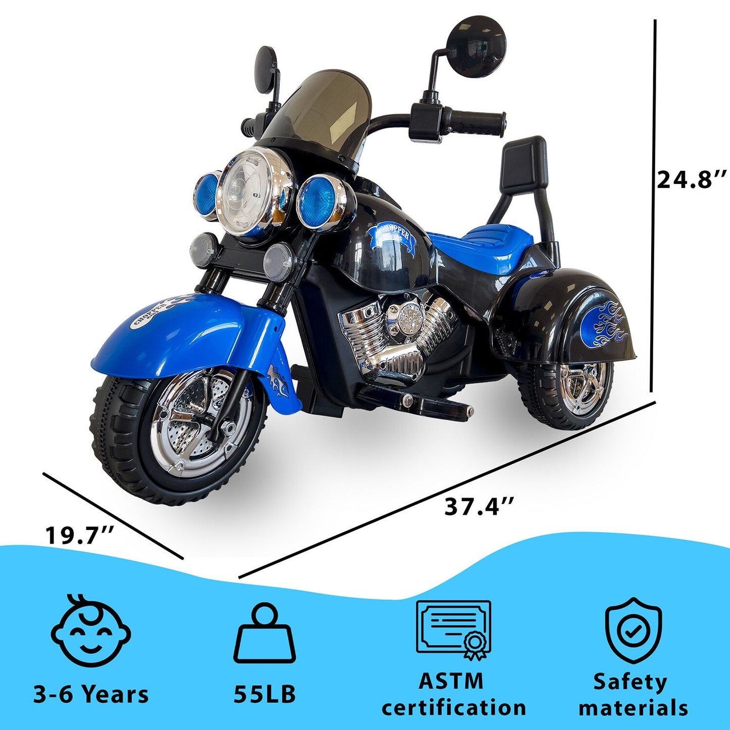 Electric 6V 3-Wheel Ride-On Motorcycle with LED Lights for Toddlers and Kids
