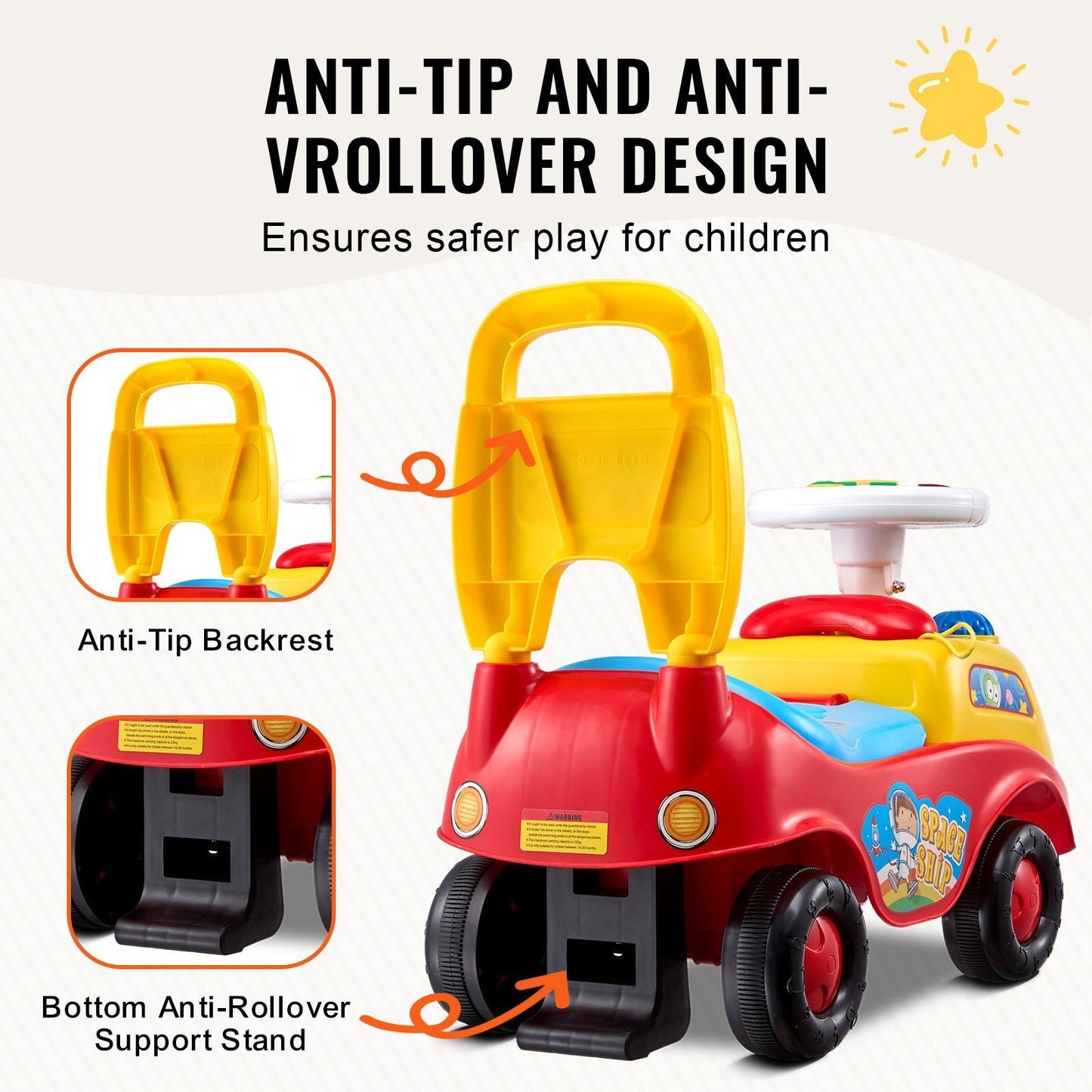Toddler Ride-On Push Car with Music and Steering Wheel for Ages 1-3