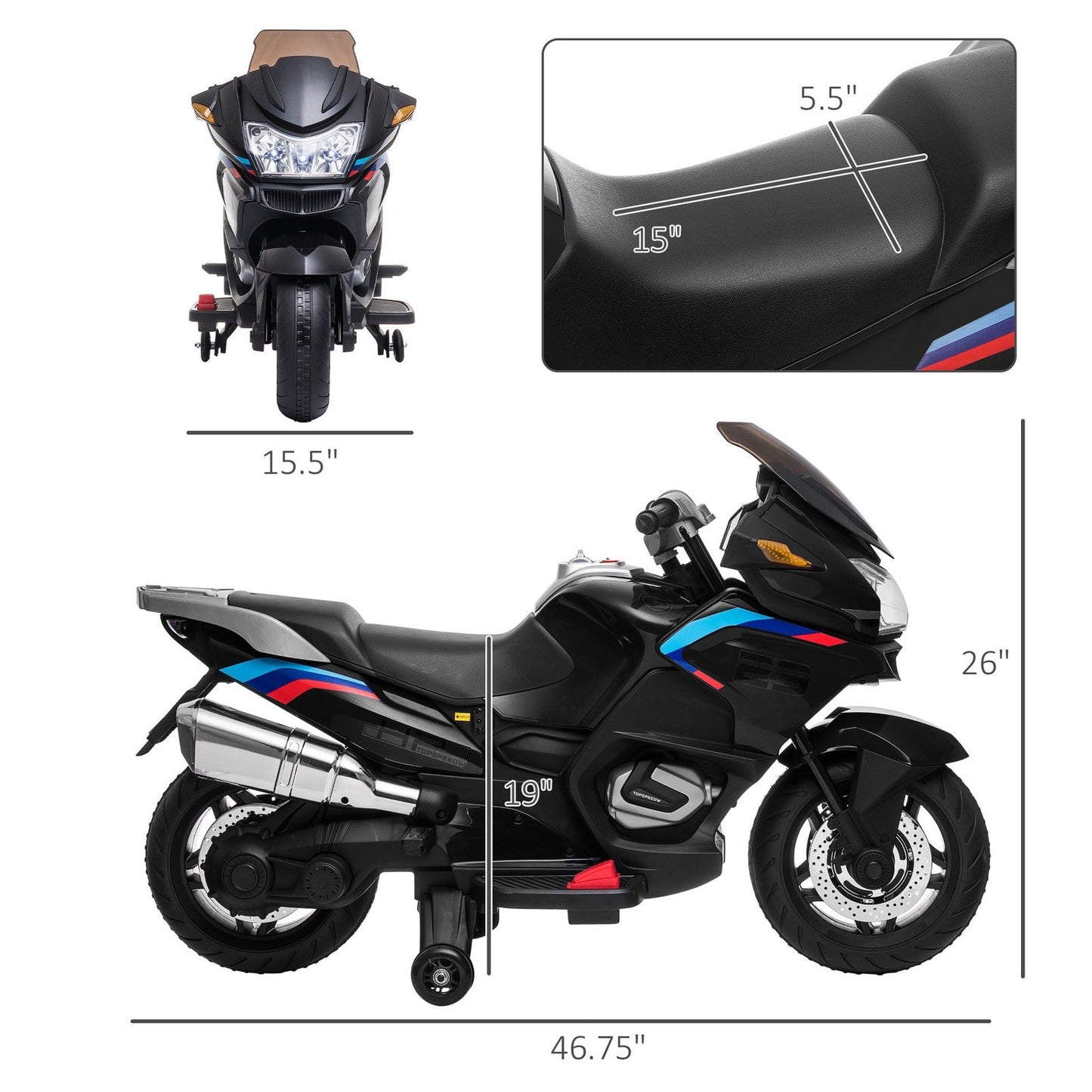 Electric Kids Motorcycle with Sound Effects, Lights, and Engine Design – Black