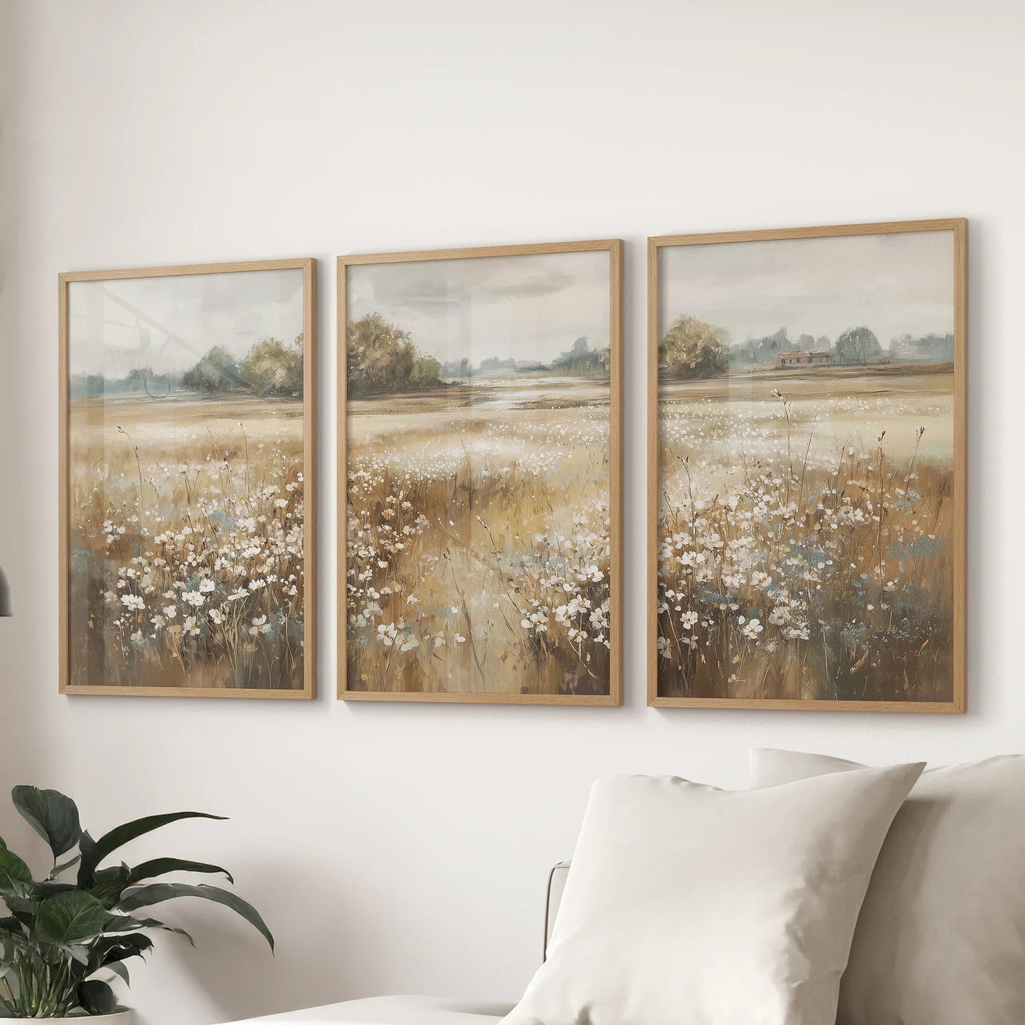 Neutral Floral Field Art Set of 3. Rustic Landscape