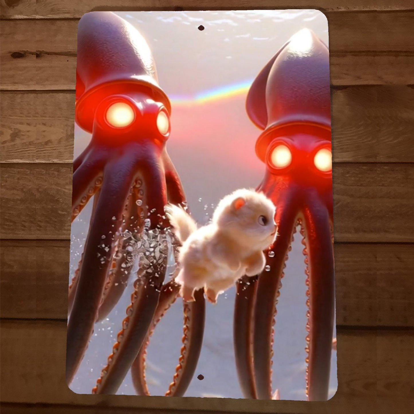 Cute Kitten Swimming Away from Killer Squids 8x12-Inch Metal Animal Wall Sign