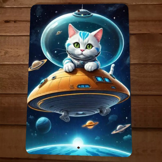 Cat Alien UFO Flying Saucer Spaceship 8x12 Metal Wall Sign