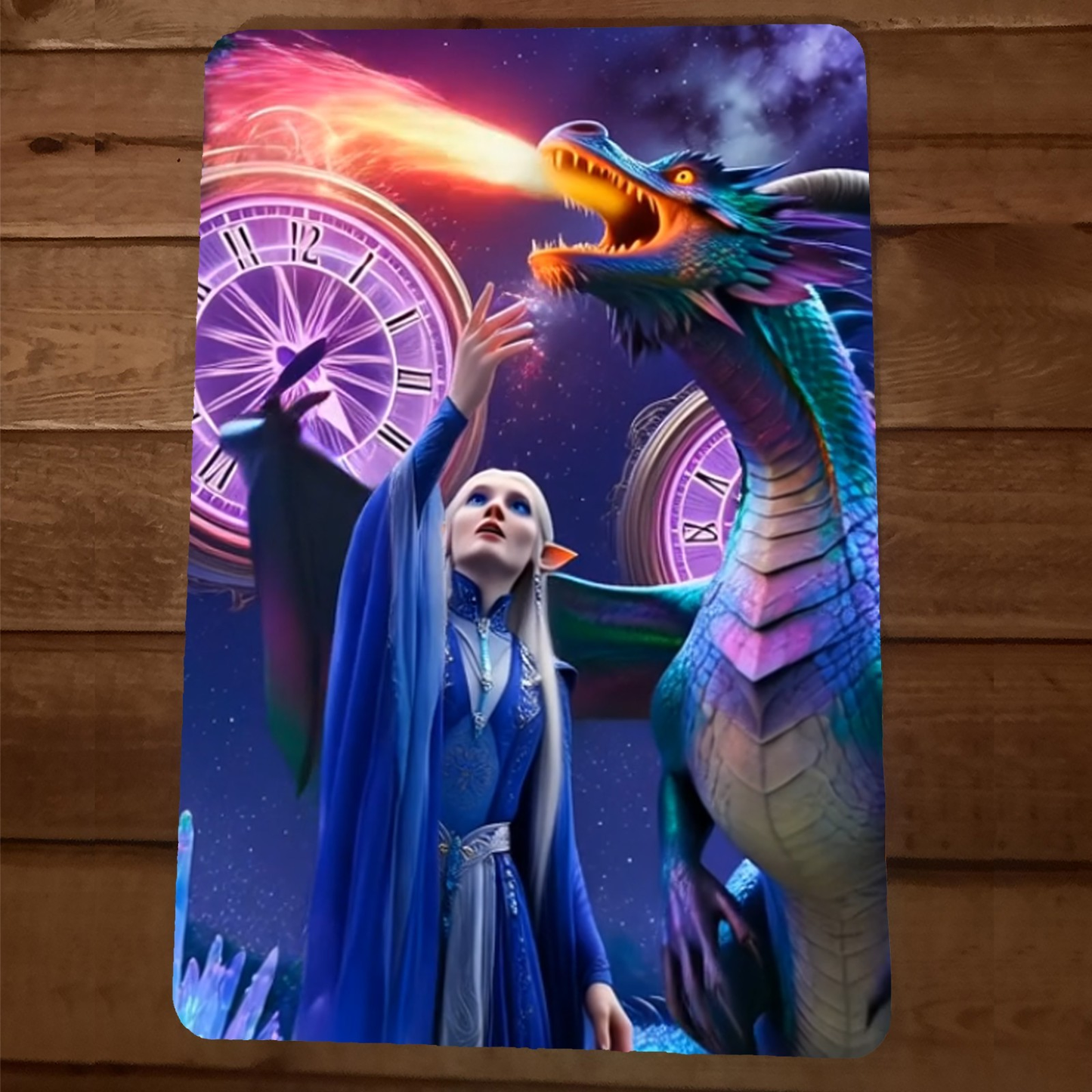Flaming Dragon and Elf 8x12 Metal Wall Sign 5th Dimension 5D