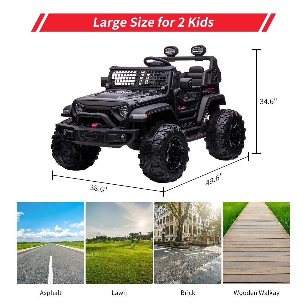 24V Kids Ride On Car in Black with Remote Control - 2 Seater 20” Extra Large Seat Truck