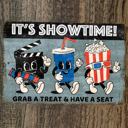 Vintage Look Its Showtime Movie Theater Popcorn 8x12 Metal Wall Sign Poster