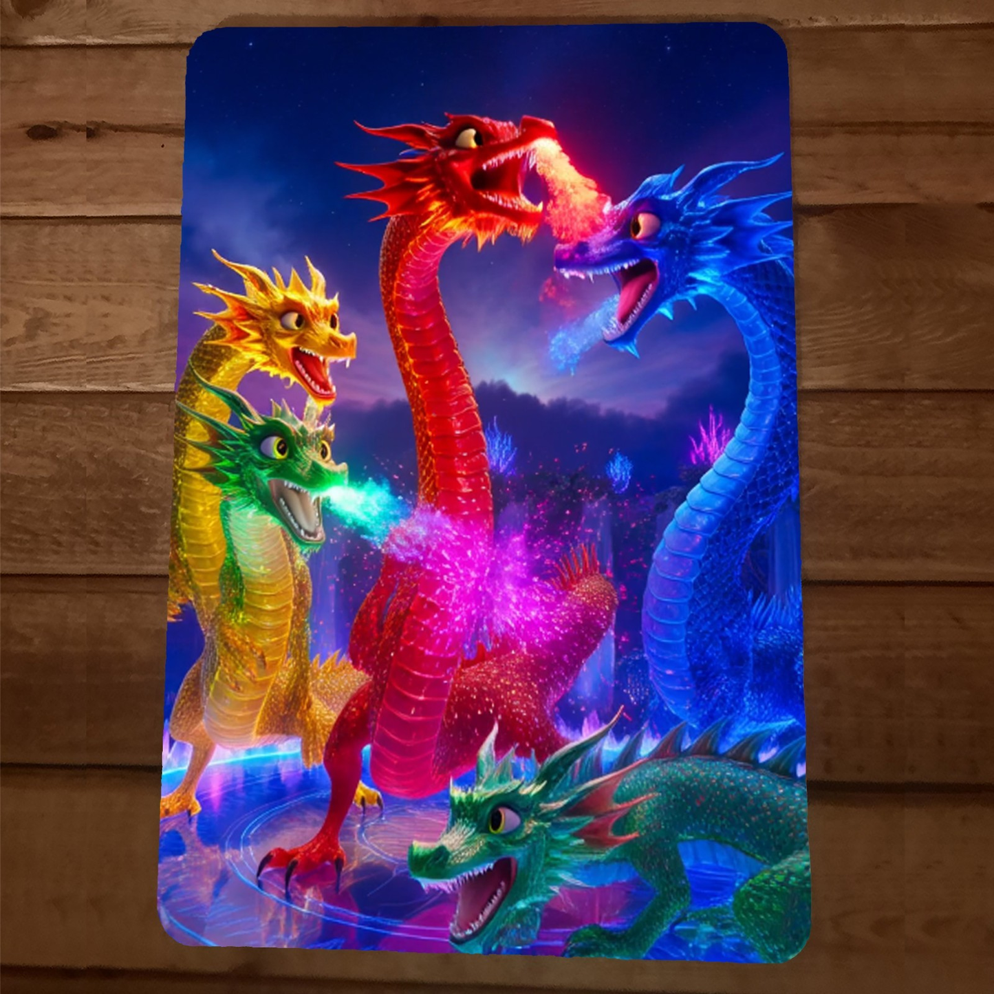 Vibrant Dancing Flourecent Dragons 8x12 Metal Wall Sign 5th Dimension 5D