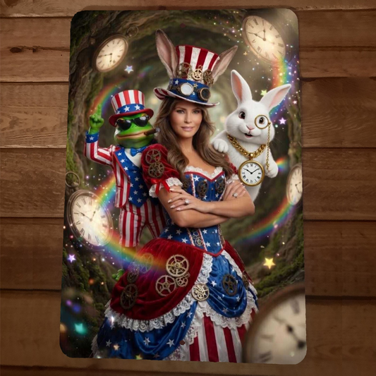 5th Dimension Melania Trump White Rabbit and Pepe Artwork 8x12 Metal Wall Sign