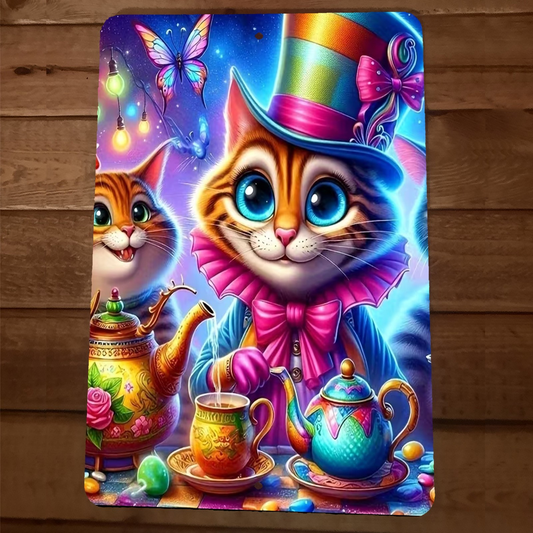 Fantasy Alice in Wonderland Tea Party Cats Artwork 8x12 Metal Wall Sign