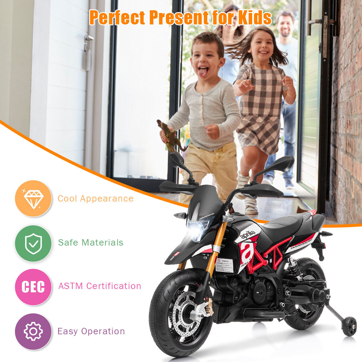 Aprilia 12V Kids Ride-On Motor Bike with Training Wheels - Officially Licensed Motorcycle Toy