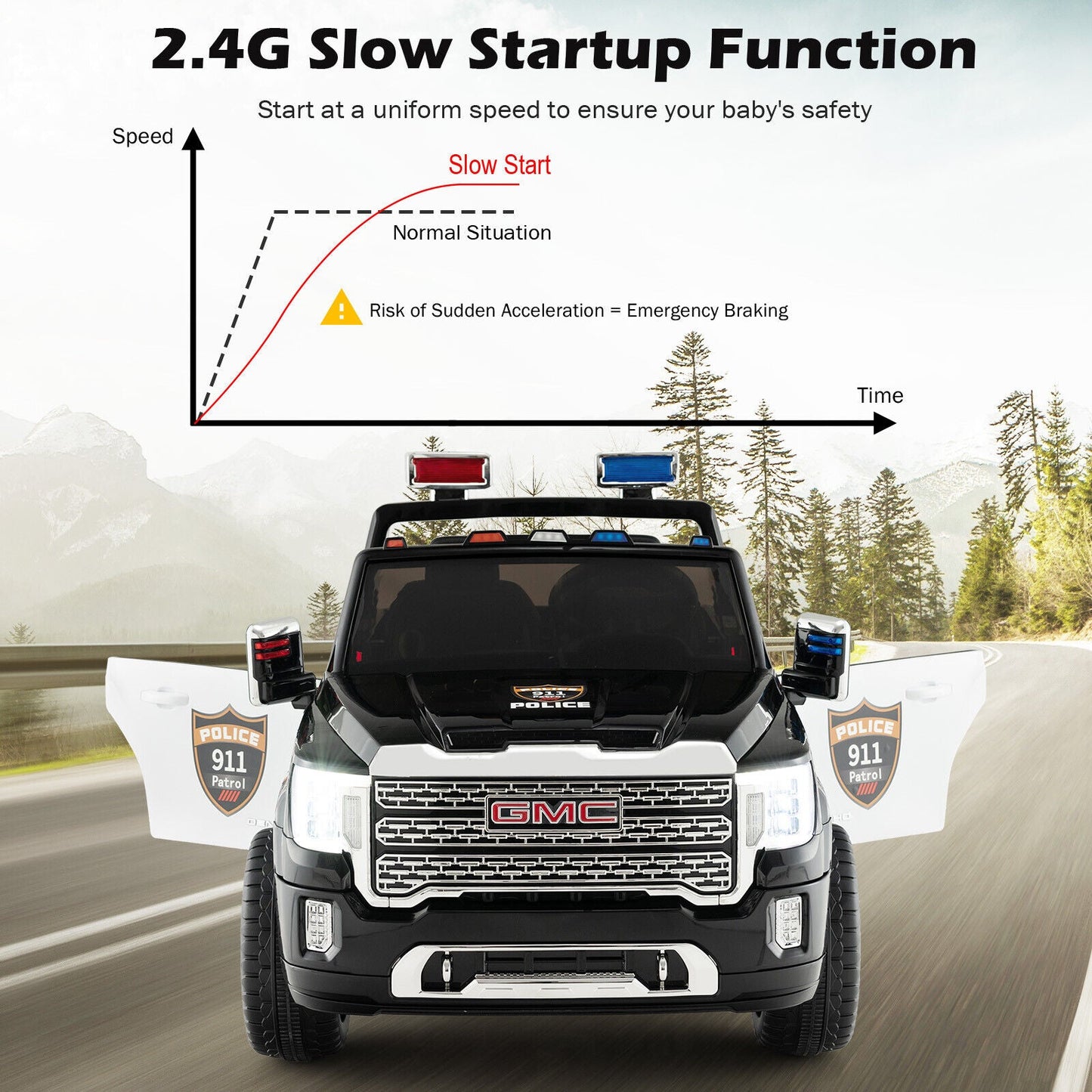 Licensed GMC Kids Ride On Police Car 2-Seater Truck with Remote Control and Music - 12V
