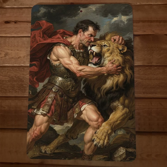 Gladiator taking on a Lion 8x12 Metal Wall Animal Sign