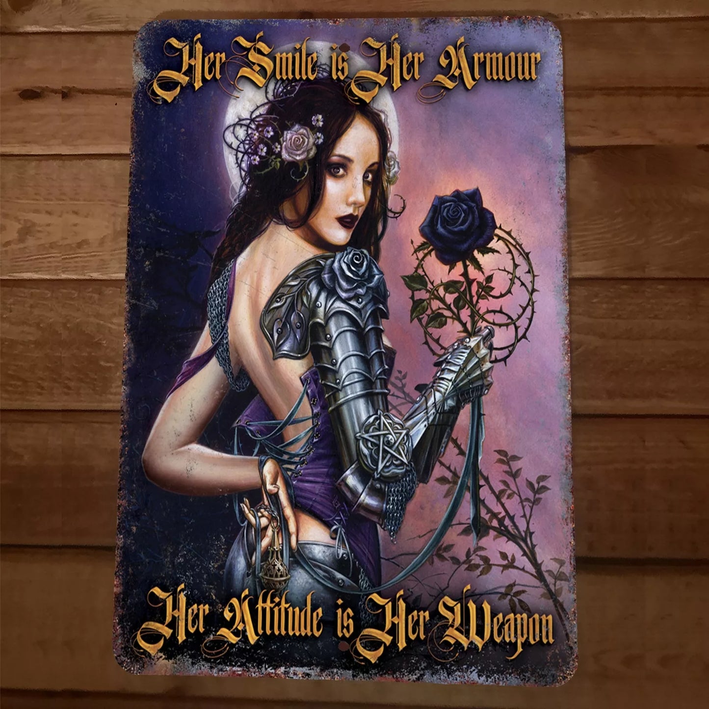 Her Smile is Her Armor Her Attitude is Her Weapon  8x12 Metal Wall Sign