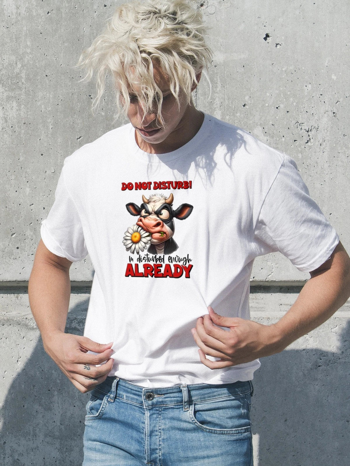 Do Not Disturb Im Disturbed Enough Already Cow Mens T Shirt